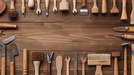 Dynamic scene of a craftsman's workspace, with tools and utensils laid out in a precise order, highlighting management and structure in a creative environment