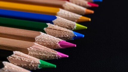 Obraz premium Detailed view of a set of pencils arranged by color, showing the sharp tips and core, evoking a sense of creativity and precision