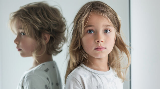 Kid gender identity concept image with a boy or girl child seeing reflection of the opposite gender in a mirror , underage transgender person
