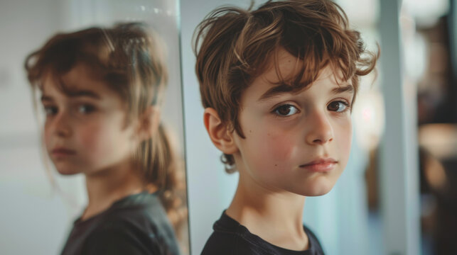 Kid gender identity concept image with a boy or girl child seeing reflection of the opposite gender in a mirror , underage transgender person
