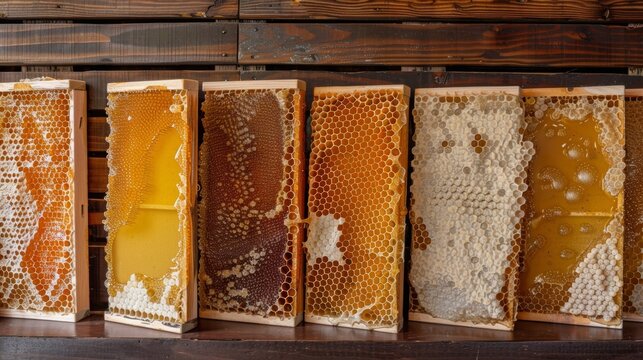 A display of honeycomb frames demonstrating the process of honey production and the importance of proper hive maintenance..
