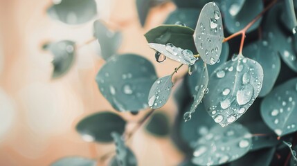 Fototapeta premium Extreme close-up of wet eucalyptus plant leaves, soft blur background, rain drops, aromatic and calming composition.