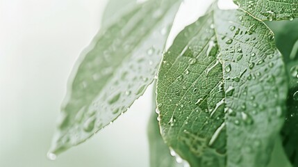 Extreme close-up of wet kiwi plant leaves, soft white blurry background, rain drops, vibrant and exotic composition.