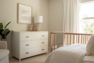 Tranquil Modern Nursery with Neutral Tones and Soft Illumination, Featuring Sleek Decor and Pastel Digital Paintings