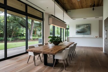 Fototapeta premium Serene Rustic Dining Room with Large Wooden Table, Modern Chairs, and Pendant Lighting, Infused with Natural Watercolor Tones