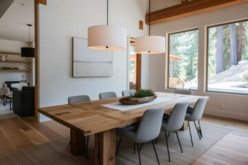 Rustic Elegance in a Natural Setting - Spacious Dining Area with Wooden Table, Modern Chairs, and Pendant Lighting in Watercolor Tones