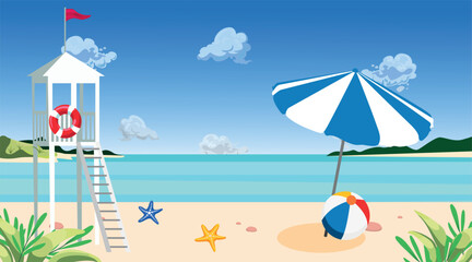 Vector landscape of the beach and everything you need for outdoor activities.  A rescue post on the shore. Balls and surfboards.