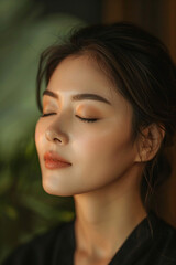 Woman with closed eyes serene face Thai massage natural sunlight elegant spa