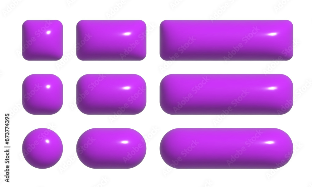Poster 3d buttons collection for ui and ux design template. purple realistic glossy squared and rounded bad