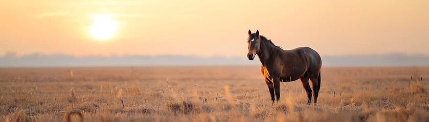 Fototapeta premium Graceful horse standing still in a golden field at sunset, Animal, Calm and Pure concept