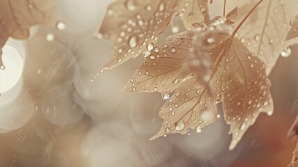 Extreme close-up of wet maple leaves, soft white blurry background, rain drops, autumnal and serene composition.