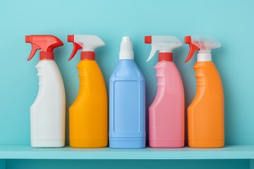 Colorful cleaning spray bottles on a shelf against a blue background, representing various household cleaning products in bright containers.