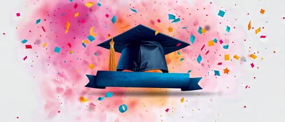 Colorful graduation cap with a diploma and confetti. Celebration of academic achievement, success, and school completion.