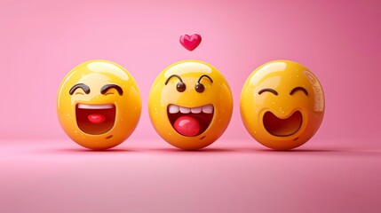 Naklejka premium Three Joyful and Playful Emojis in a Pink Background with Cartoon Heart