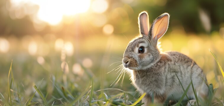 Happy rabbit playing in a sunlit, open meadow with tall grass, Rabbit, Content and Light concept