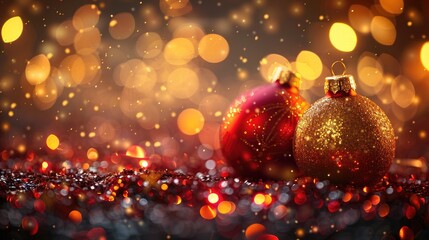 Fototapeta premium Festive Christmas ornaments with golden bokeh lights