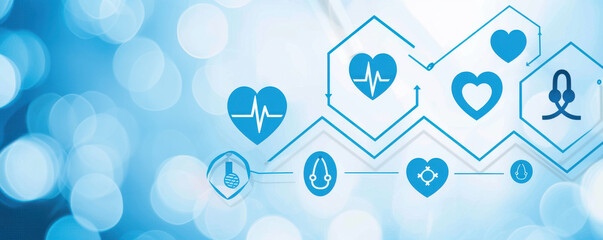Abstract healthcare background with blue icons representing heart, medical, and wellness symbols, ideal for health-related visuals.