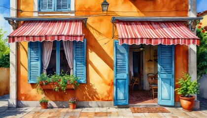 Fototapeta premium Mediterranean House with Blue Shutters and Awnings.