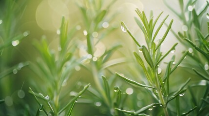 Obraz premium Extreme close-up of wet rosemary plant leaves, soft blur background, rain drops, aromatic and fresh composition.