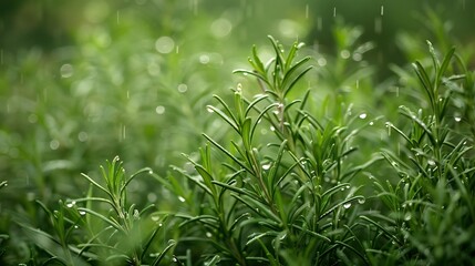 Extreme close-up of wet rosemary plant leaves, soft blur background, rain drops, aromatic and fresh composition.