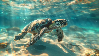 Obraz premium Sea turtle gliding through crystal clear waters sunlit ocean floor marine life summer travel