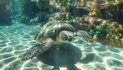 Fototapeta premium Sea turtle gliding through crystal clear waters sunlit ocean floor marine life summer travel