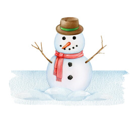 Funny snowman in red scarf on snowy ground. Painted vintage style illustration. Hand drawn smiling snowman in a hat. Traditional winter decoration from snow. White background