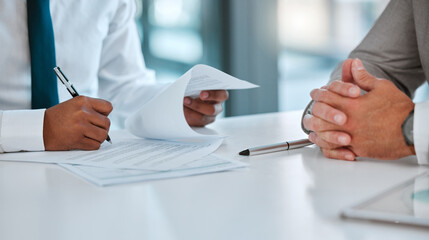 Employees, paper and signature for meeting in office, legal documents and application for policy. People, planning and workplace for business deal, write and partnership for loan or form compliance