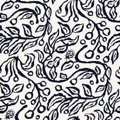 Monochrome black and white brush strokes inky flowers seamless pattern. Abstract floral contemporary background.