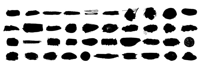 Rough edge black blots backgrounds bundle. Brush stroke abstract shapes set. Paint stain banners collection isolated on white.