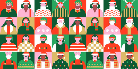 Diverse christmas people seamless pattern illustration. Colorful xmas party celebration flat cartoon portrait background. Geometric style funny winter season group, holiday character texture print.