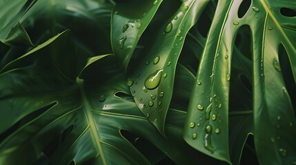 Fototapeta premium Extreme close-up of wet tropical philodendron leaves, soft green blur background, rain drops, lush and serene composition.