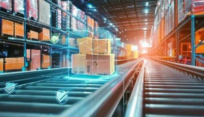 Obraz premium Smart warehouse management system using augmented reality technology to identify package picking and delivery . Future concept of supply chain and logistic business , generated by AI