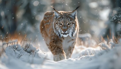 Obraz premium Lynx stalking prey in a snowy forest, animal, stealthy and fierce