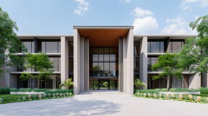 Architectural masterpiece, a contemporary edifice with sleek lines and innovative design, surrounded by lush greenery, emphasizing modern development