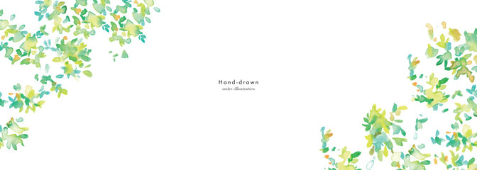  水彩画。水彩タッチの新緑ベクター背景。葉っぱが風に舞う新緑風景。緑の森とエコのイメージ。Watercolor painting. Fresh green vector background with watercolor touch. Fresh green landscape with leaves dancing in the wind. Green forest and ecologica