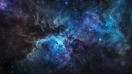 Enigmatic Dark Nebula: Close-Up Macro View of Intricate Interstellar Dust and Gases Illuminated by Faint Starlight in Deep Blues and Purples