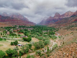 The resort town of Springdale, green trees and the mountains of Zion National Park, Utah, United States of America.