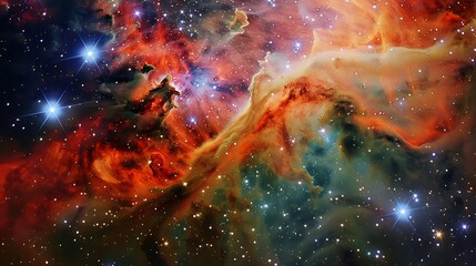 Cosmic Dreamscape: Majestic View of Colorful Nebula in Red and Orange Hues with Stars and Dust in Surreal Wide Angle Shot