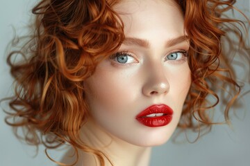 Fototapeta premium Striking closeup of a redhead woman with vibrant curls and red lipstick