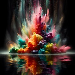An intense explosion of beautiful colors as they hit the surface of the water.