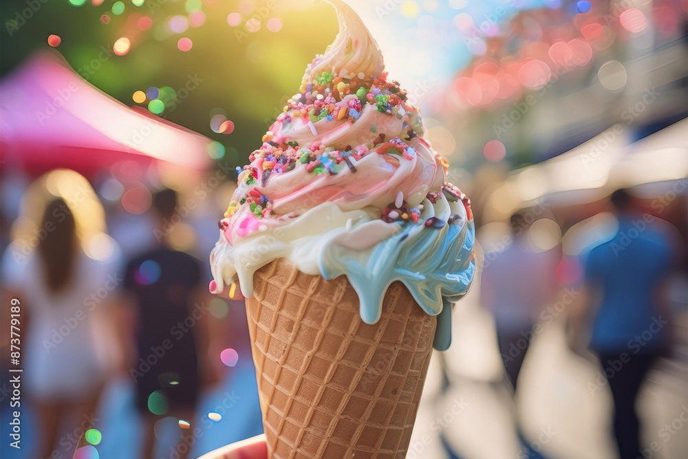 Wall mural close-up of a melting ice cream cone with vibrant sprinkles and a blurred background of people enjoy