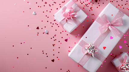 Obraz premium Top view photo of white gift boxes adorned with pink bows, curly ribbons, silver sequins, and heart-shaped confetti on an isolated pastel pink background, designed with copyspace