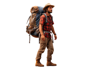 Hiking tourist with backpack isolated on transparent background