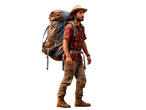 Hiking tourist with backpack isolated on transparent background