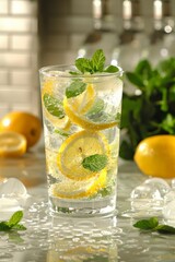 Fototapeta premium Refreshing Lemonade: A close-up shot of a tall glass of ice-cold lemonade with fresh lemon slices and mint leaves, condensation forming on the outside of the glass.