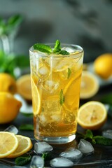 Fototapeta premium Refreshing Lemonade: A close-up shot of a tall glass of ice-cold lemonade with fresh lemon slices and mint leaves, condensation forming on the outside of the glass.