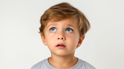 A young boy with brown hair and blue eyes is looking up at the camera. He is curious or surprised