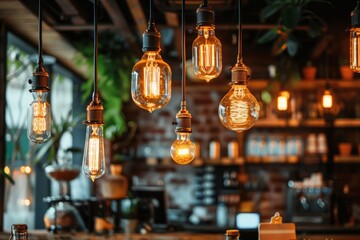Obraz premium An inviting atmosphere in a cozy coffee shop with a variety of vintage light bulbs hanging from the ceiling, creating a warm and inviting atmosphere.