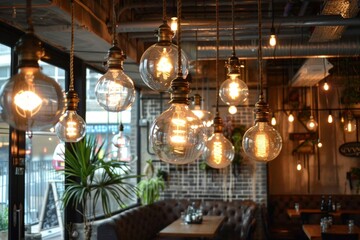 An inviting atmosphere in a cozy coffee shop with a variety of vintage light bulbs hanging from the ceiling, creating a warm and inviting atmosphere.